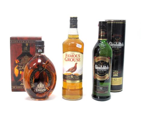 Whisky - Dimple Fine Old Original De Luxe Scotch Whisky 15 Years Old, 1 litre, 43% Vol., boxed; The Famous Grous Finest Scotc