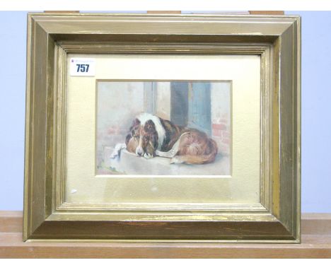 ENGLISH SCHOOL (Early XX Century) A Collie Dog Resting on a Step, oil on board, signed indistinctly, 11.5 x 16.5cm.