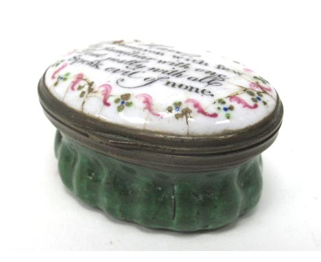 An XVIII Century Enamel Patch Box, of fluted oval form, the lid inscribed "Have Communion with Few, Be Familiar with One, Dea