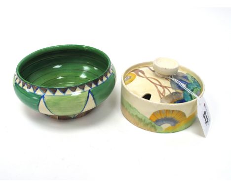 A Wilkinson's Ltd Clarice Cliff Bizarre 'Killarney' Pattern Bowl, the green and brown geometric pattern outlined in blue, pri