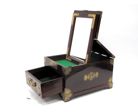 A Mid XX Century Chinese Lacquered Wooden Rectangular Travelling Box, elaborately applied with brass engraved medallions, the