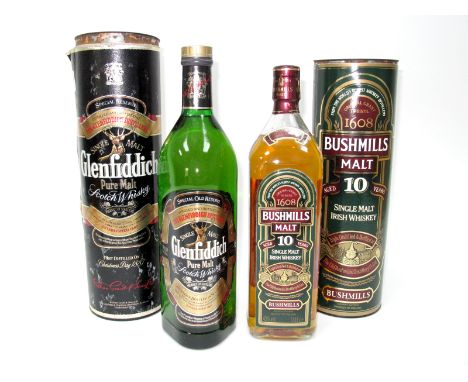 Whisky - Glenfiddich Pure Malt Scotch Whisky Special Old Reserve, 1 litre, boxed; Bushmills Single Malt Irish Whiskey, aged 1