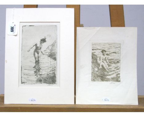 ANDERS ZORN (1860-1920) Nude Woman in Ankle Deep Water, print, 20.5 x 13cm, Another Print, similar. (2)