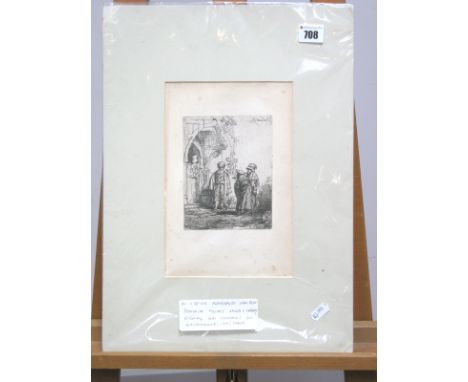 AFTER REMBRANDT VAN RIJN (1606-1699) Three Oriental Figures (Jacob and Laban) and Another by a Porch, etching, 14.5 x 11cm. (