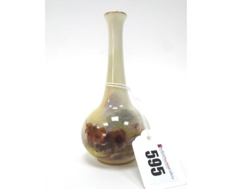 A Royal Worcester Bottle Vase, painted by Harry Stinton, signed, with highland cattle in a mountainous landscape, puce mark, 