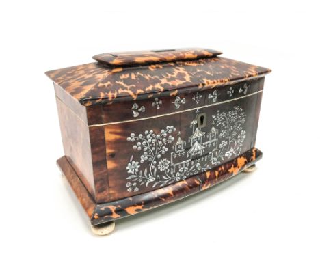 A Regency Tortoiseshell Tea Caddy, inlaid in mother of pearl with a Chinoiserie landscape and flowers, the interior with two 