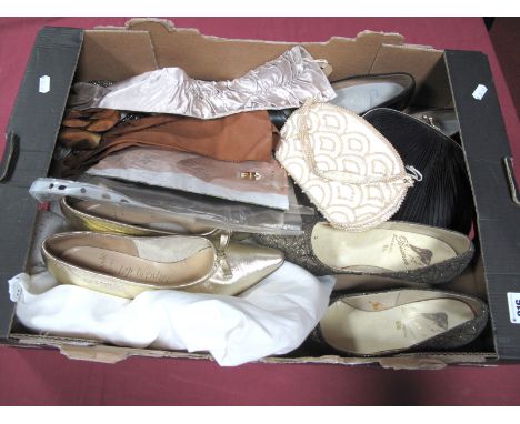 A Pair of 1940's 'Norvic' Black Leather Ladies Court Shoes, (size 41/2), 1960's evening shoes, vintage evening bags, stocking