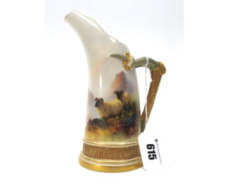 A Royal Worcester Porcelain Tusk Jug, of tapered form, painted by E. Barker, signed, with sheep in a mountainous landscape, p