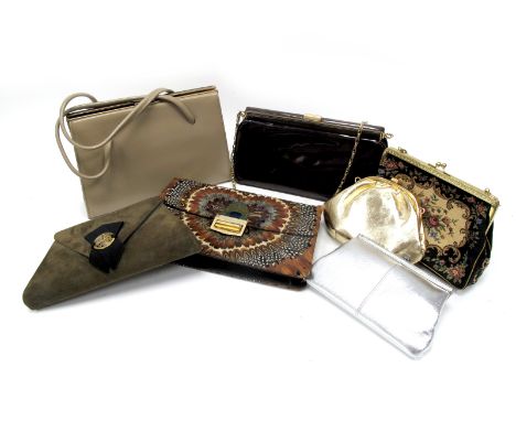 Vintage Handbags; Charles Jourdan green suede clutch, a feather handbag, Ackery beige classic handbag, Garfield's of London b