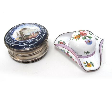 A XIX Century Enamel Snuff Box, modelled in the form of a hat with floral decoration, 5cm diameter; A Plated Trinket Box, the