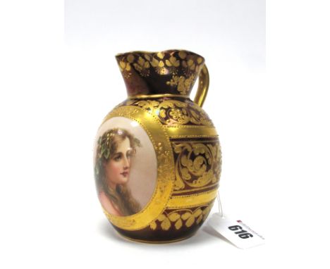 A Vienna Style Porcelain Jug, of ovoid form with fluted neck, the central panel decorated with a portrait of a lady with a ga