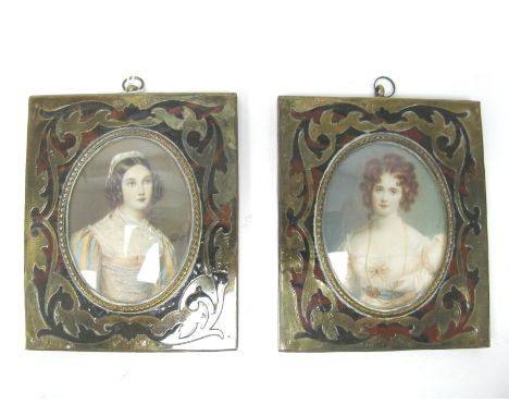 AFTER LEON VICTOR DUPRE (1816-1879) A Pair of Bust Length Portrait Miniatures of Ladies of Fashion, one signed, in boulle wor