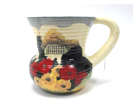 A Wilkinson's Ltd Clarice Cliff Bizarre 'Trallee' Pattern Jug, of ribbed bulbous form with tapered neck, printed mark, 17.5cm