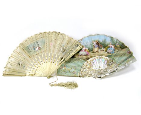 A XIX Century French Fan, the paper leaf painted with courting couples in a garden setting, the mother of pearl sticks pierce