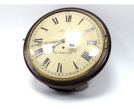 A Late XIX Century Mahogany Cased Wall Clock, with fusée movement, the white enamel dial inscribed "Barrett, Blandford" and w