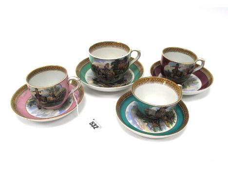 Four Mid XIX Century Prattware Teacups and Saucers, decorated with printed scenes within a gilt cartouche against multi-colou