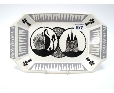 A Royal Worcester 'Scottie Wilson' Pottery Rectangular Canted Tray, in the 'Bid and Castle' pattern in black within a grey ge