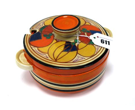 A Wilkinson's Ltd Clarice Cliff Fantasque 'Melons' Pattern Small Two-Handled Tureen and Cover, the orange base with black and