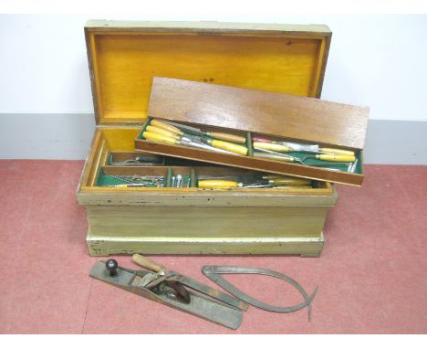 A XIX Century Painted Mahogany Tool Chest, the interior with three sliding compartments and lower section housing a large qua