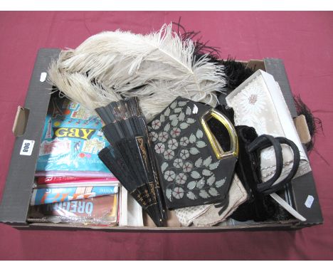 A Collection of Mid XX Century Vintage Evening Purses, fans, ostrich feathers and nine unopened pairs of 'nylon' stockings.