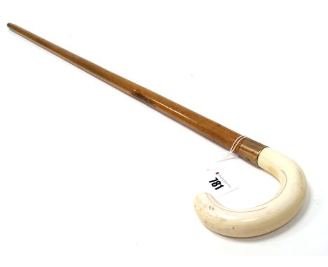 An Early XX Century Walking Stick, with plain ivory handle (cracks) and 9ct gold collar, hallmarked for London 1924, inscribe