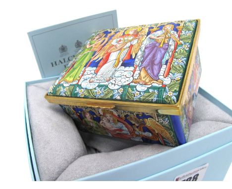 A Halcyon Days Musical Enamel Box, of rectangular form, the hinged lid and sides decorated in the pre-Raphaelite style with m