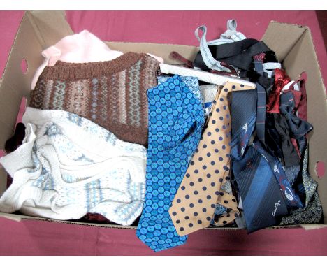 A Collection of Vintage Ties, Bow Ties and Braces, Shetland wool waistcoats etc:- One Box