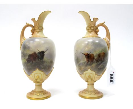 A Pair of Royal Worcester Porcelain Ewers, of single handled ovoid form, raised on circular feet, the central panels painted 