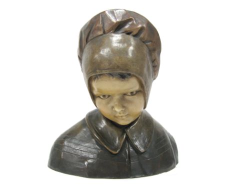 An Early XX Century Goldscheider Style Bronzed Terracotta Bust, of a girl looking downwards, wearing a bonnet and collared ja