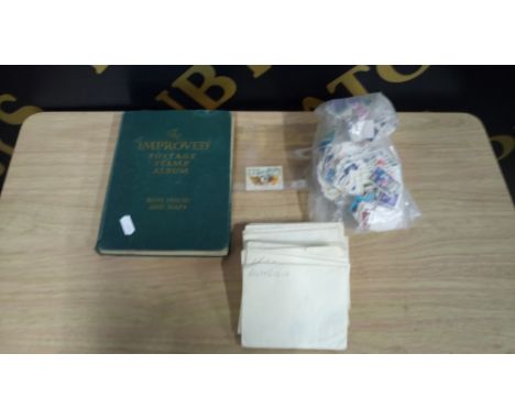 BOX CONTAINING VINTAGE STAMP ALBUM, BAG OF STAMPS ETC
