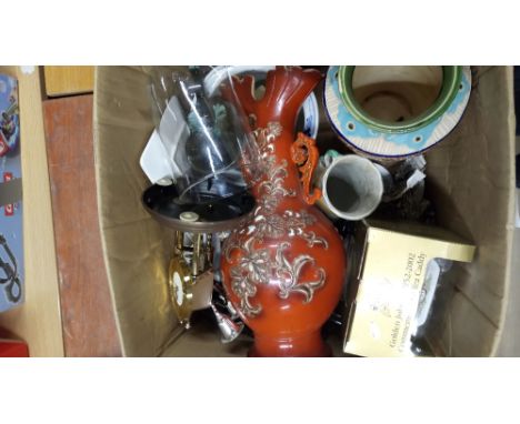 1 BOX OF ASSORTED ITEMS ( GOLDEN JUBILEE COMMEMORATIVE TEA CADDY & OTHERS )