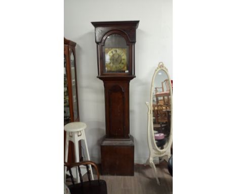 ANTIQUE INLAID OAK LONGCASE CLOCK WITH BRASS DIAL