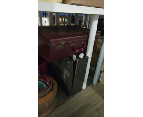 WOODEN TOOL BOX & RED VINTAGE SUITCASE