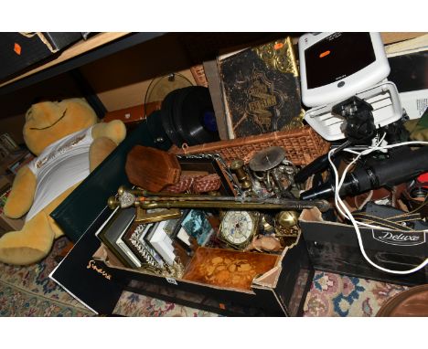 THREE BOXES OF MISCELLANEOUS SUNDRIES, to include two copper kettles, a copper bed warming pan, a Casio EXilim digital camera