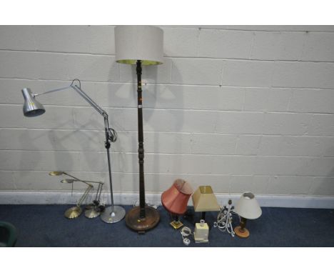 A SELECTION OF VARIOUS LAMPS, to include an oak standard lamp, an angle poise standard lamp, two similar table lamps and five