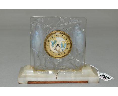 A RENE LALIQUE OPALESCENT INSEPARABLES GLASS EIGHT DAY CLOCK OF SQUARE FORM ON A WHITE MARBLE BASE, the gilt chapter ring wit