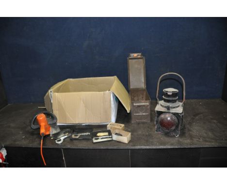 A BOX AND AN AMMO BOX CONTAINING TOOLS including spanners by Britool, King Dick etc, two untested drill and a hedge trimmer, 