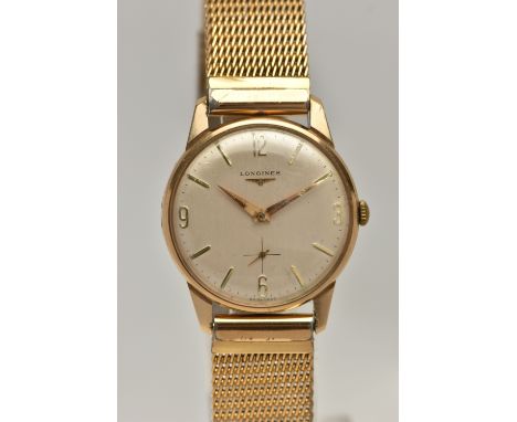 A BOXED GENTS 'LONGINES' 9CT GOLD WRISTWATCH, manual wind, round silvered dial signed 'Longines', Arabic quarter numerals int