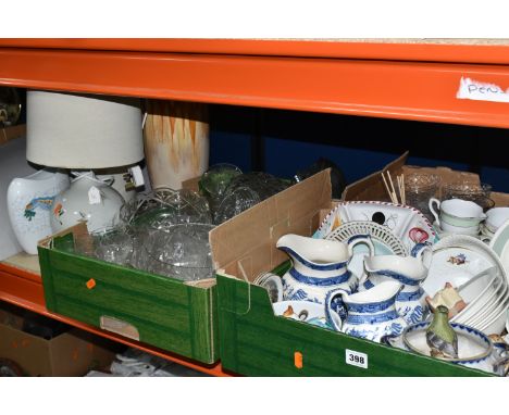 THREE BOXES AND LOOSE CERAMICS, GLASS AND TABLE LAMP, to include a set of three graduating Wedgwood Willow jugs, a Prattware 