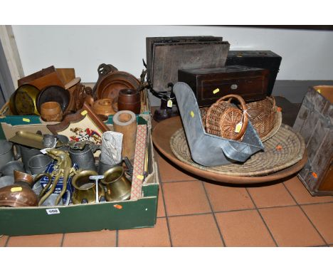 TWO BOXES OF METALWARE AND TREEN, comprising a 'Trafalgar day' pewter tankard, an arts &amp; crafts pewter napkin ring decora