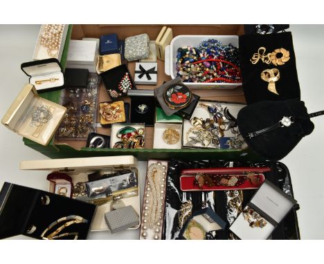 A BOX OF ASSORTED COSTUME JEWELLERY, to include boxed sets of jewellery, imitation pearl necklaces, brooches, pin badges, tie