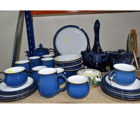 DENBY IMPERIAL BLUE DINNERWARE TOGETHER WITH AVALON POTTERY DECANTER (chipped stopper), together with four beakers, teapot an