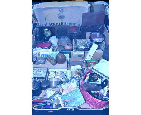 TWO BOXES OF ASSORTED SUNDRIES, to include vintage tins 'Pascall's Creme De Menthe', Harvey's Diamond Jubilee Flake, Coral Fl