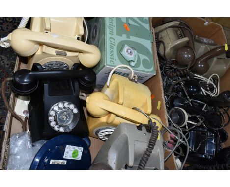 A QUANTITY OF ASSORTED TELEPHONES IN TWO BOXES, mainly G.P.O./B.T. model 706, 746 and 8746 phones in various colours, include