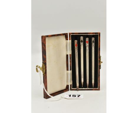 A CASED SET OF FOUR WHITE METAL PROPELLING BRIDGE CARD GAME PENCILS, each pencil stamped 'Sterling', twist tops with the four