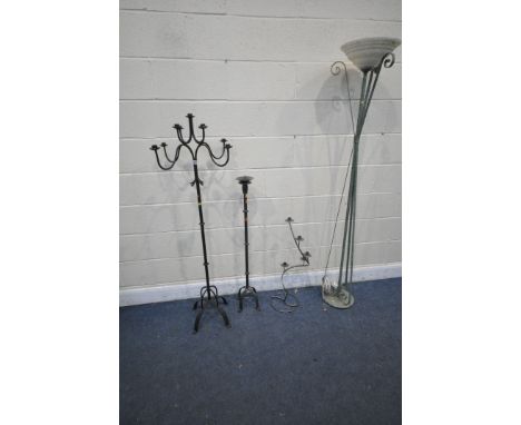 A WROUGHT IRON NINE BRANCH CANDELABRA, height 144cm, a smaller wrought iron candle stand, a steel spiral candle holder, and a