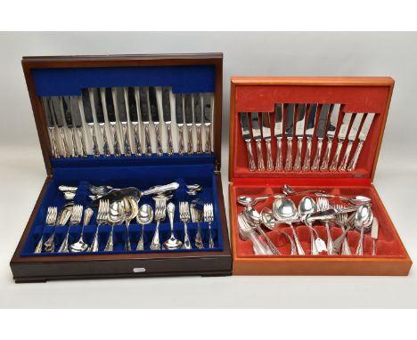 TWO CANTEENS OF CUTLERY, the first an eight place canteen, signed 'Sheffield Cutlery England', dark wooden case with blue fel