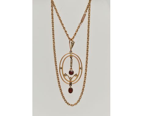 A YELLOW METAL LAVALIER PENDANT AND CHAIN, oval openwork pendant set with garnets and split pearls, stamped 9c, fitted with a