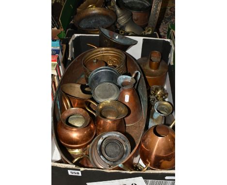 TWO BOXES OF METAL WARES, to include a large oval copper pan with brass paw feet, length 53cm x width 29cm x height 15cm, cop