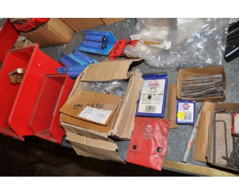 A TRAY AND A BOX CONTAINING PIN VICES, TAPS AND DIES, PUNCHES ETC including Faithful and Starret pin vices, five deburring to
